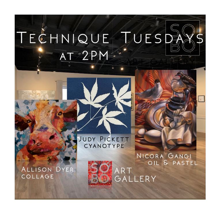 SOBO Techniques Tuesdays poster showing 3 artists works