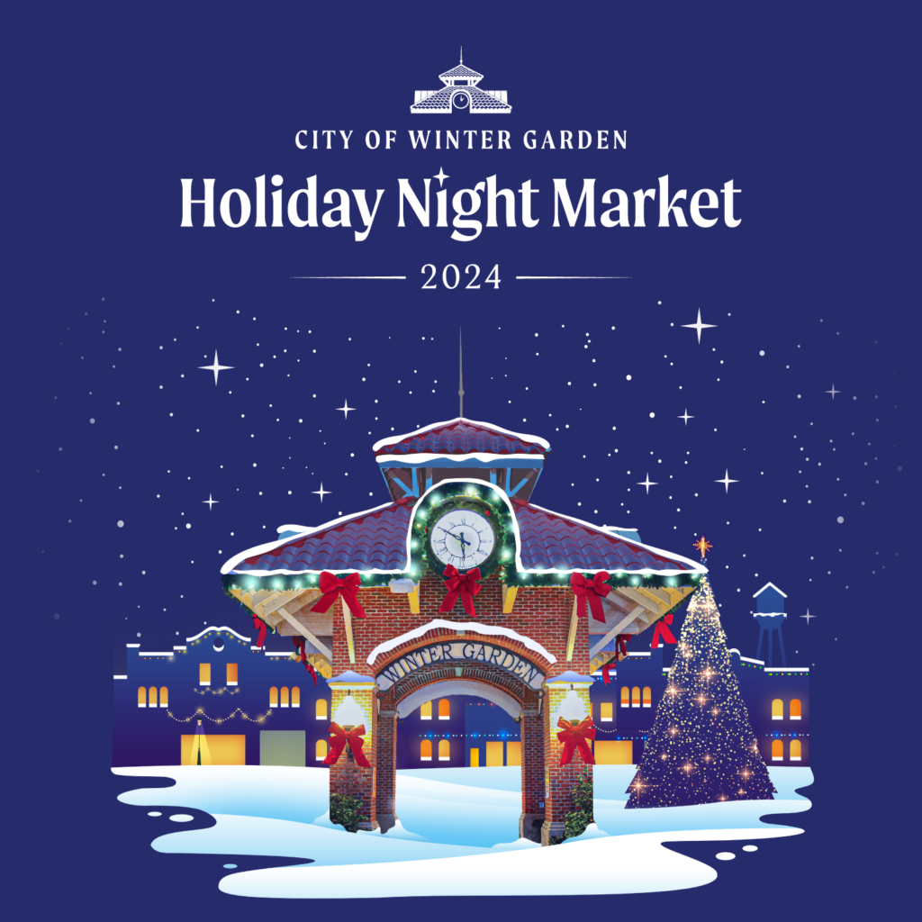 downtown clock tower with festive decorations graphic for Holiday Night Market