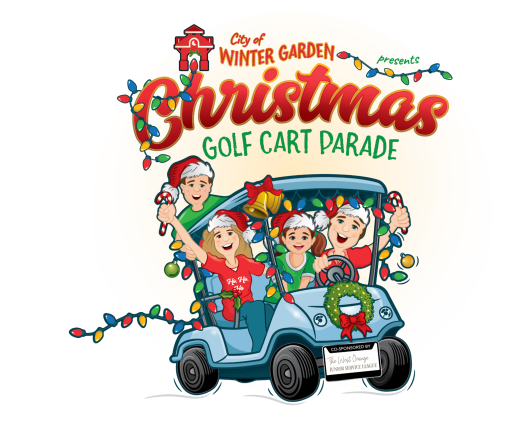 Animated graphic of people sitting in golf cart with christmas decorations logo for Winter Garden Christmas Golf Cart Parade