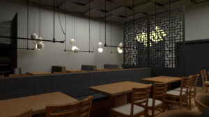 Soulshi interior image of tables and moody lighting sushi lounge