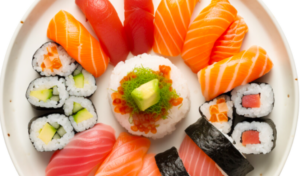 Plate of a variety of fresh sushi