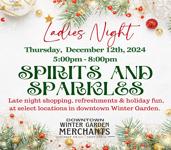 Spirits and Sparkles information graphic with logo and holiday decoration