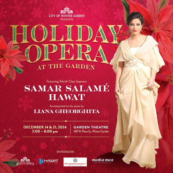 Holiday Opera at the Garden Graphic 
December 14 and 21 from 7:00 - 8:00 pm at the Garden Theatre 160 W. Plant St, Winter Garden