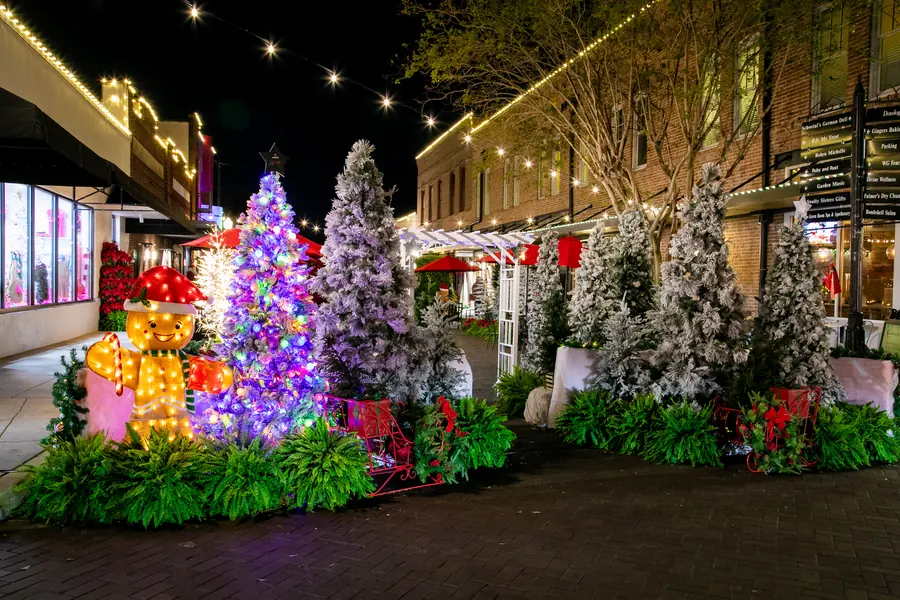 Holiday trees and lights along Main Street at night