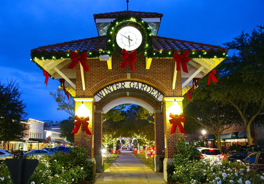 Downtown clock tower decorated for Christmas